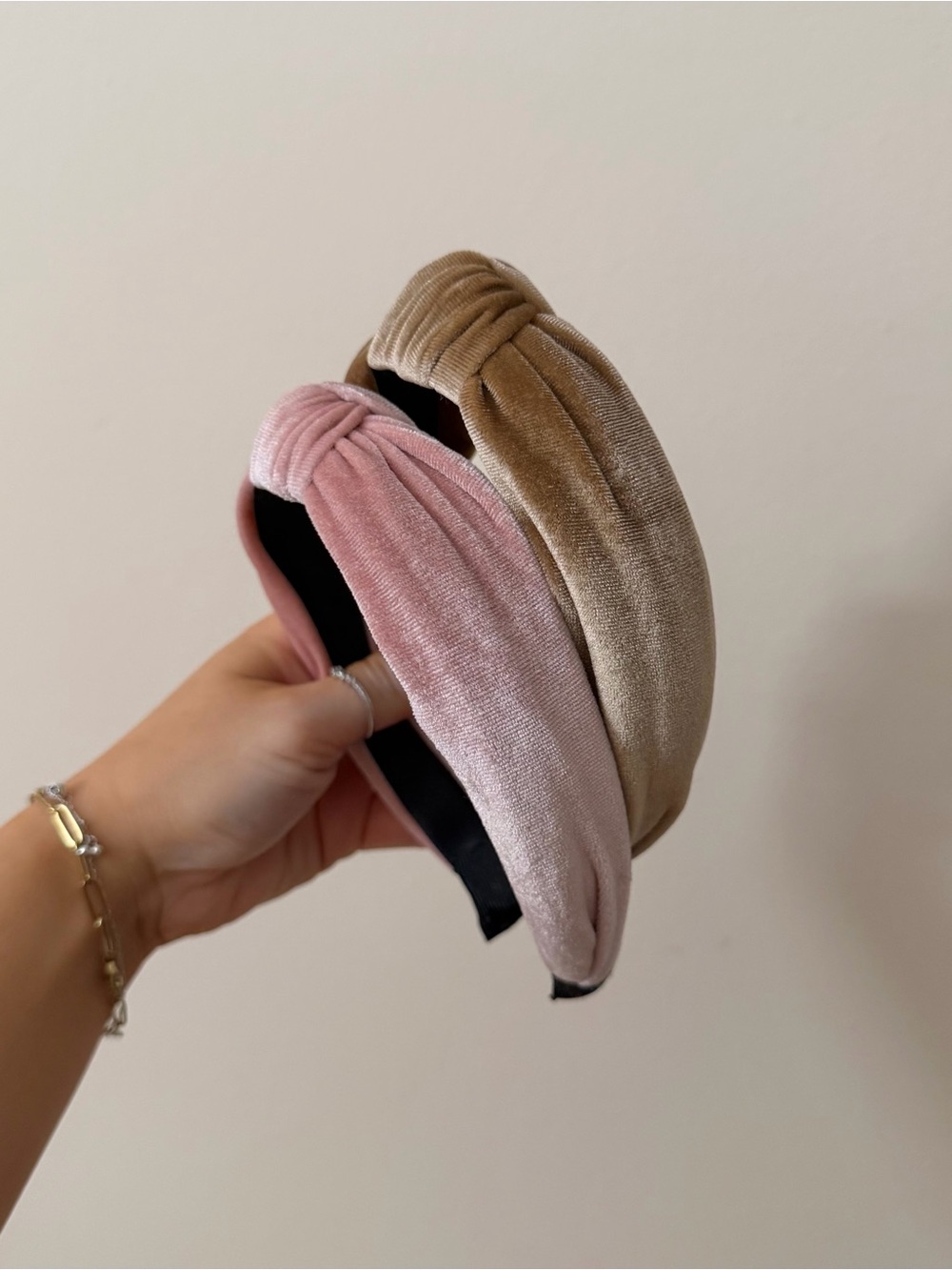 New 2pc Set of Velvet Knoted Headbands Bundle Light Pink & Tan, Soft and Cute